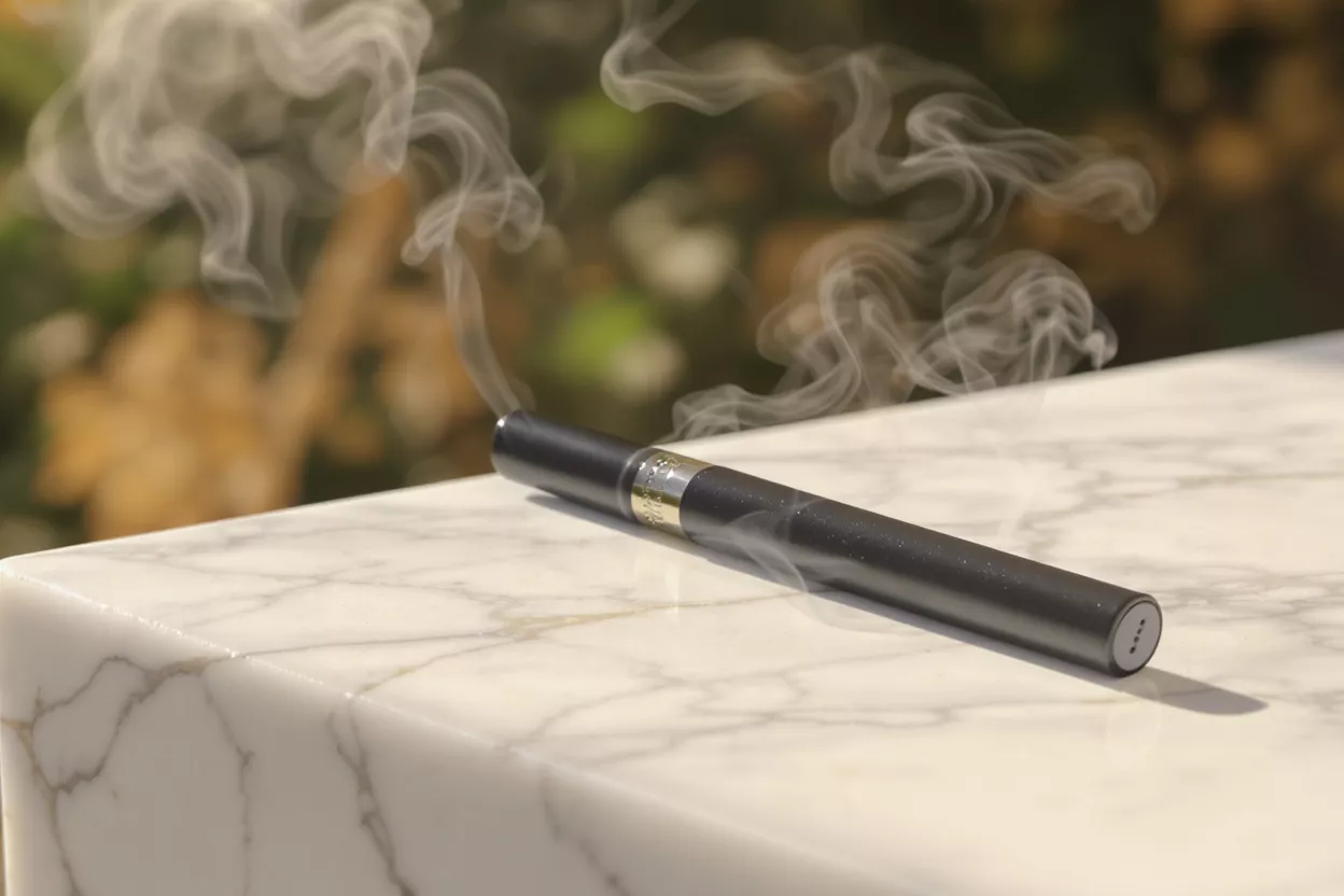 A black vaping device emitting smoke, resting on a white marble surface.