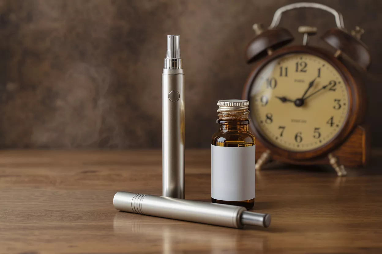 Vape pen, e-liquid bottle, and alarm clock on a wooden surface.