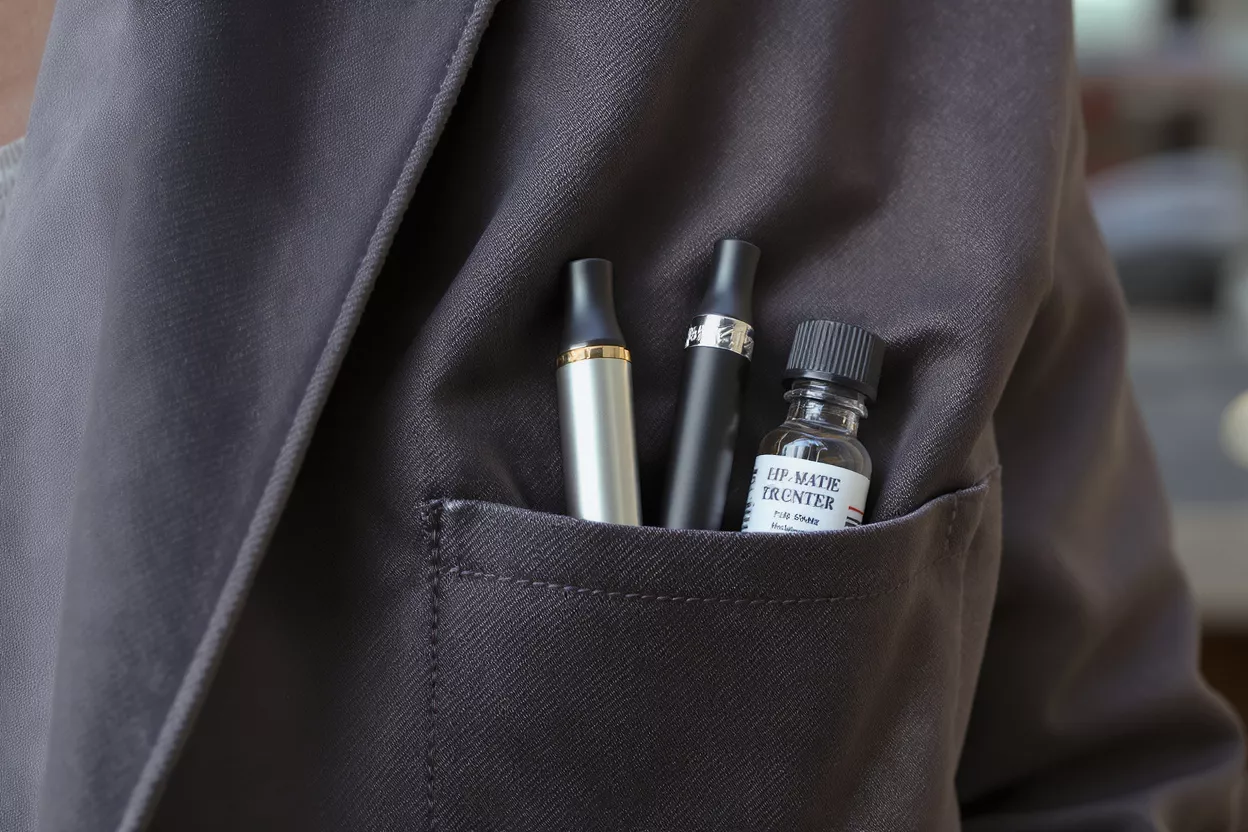 Two vape pens and an e-liquid bottle in a dark gray jacket pocket.