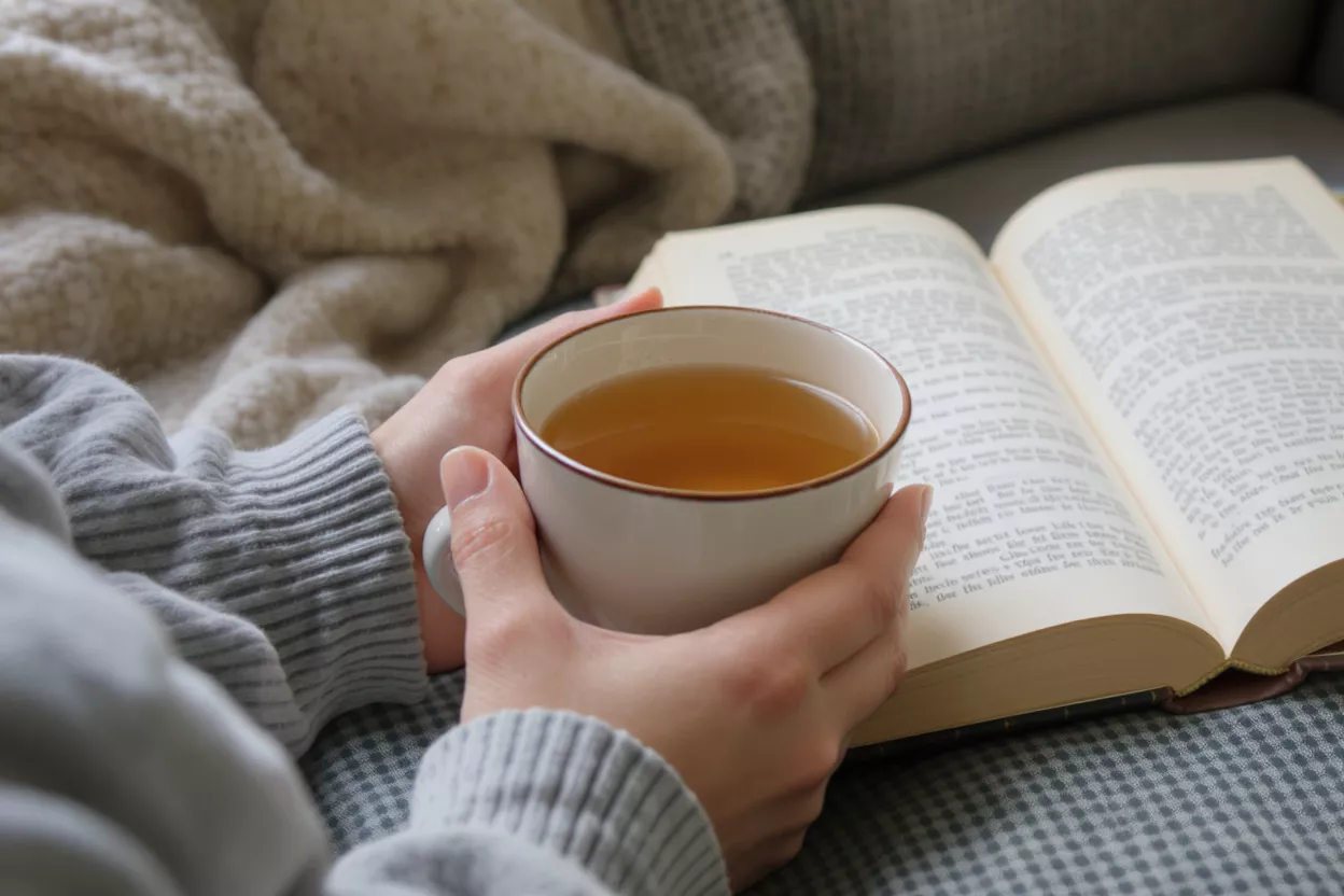 Lecture douillette avec du thé Mains tenant une tasse chaude de thé à côté d'un livre ouvert sur une couverture douillette.