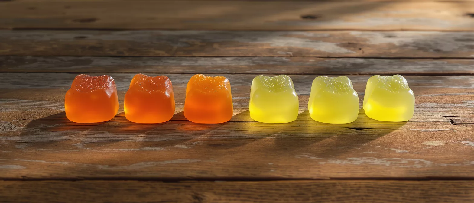 Six gummy candies, three orange and three yellow, on a rustic wooden table.