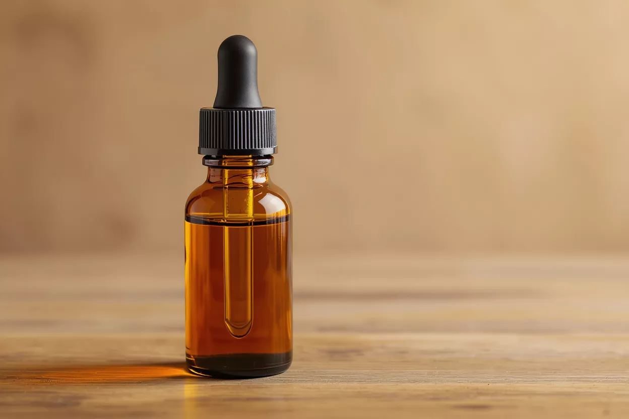 An amber glass dropper bottle filled with liquid on a wooden table.