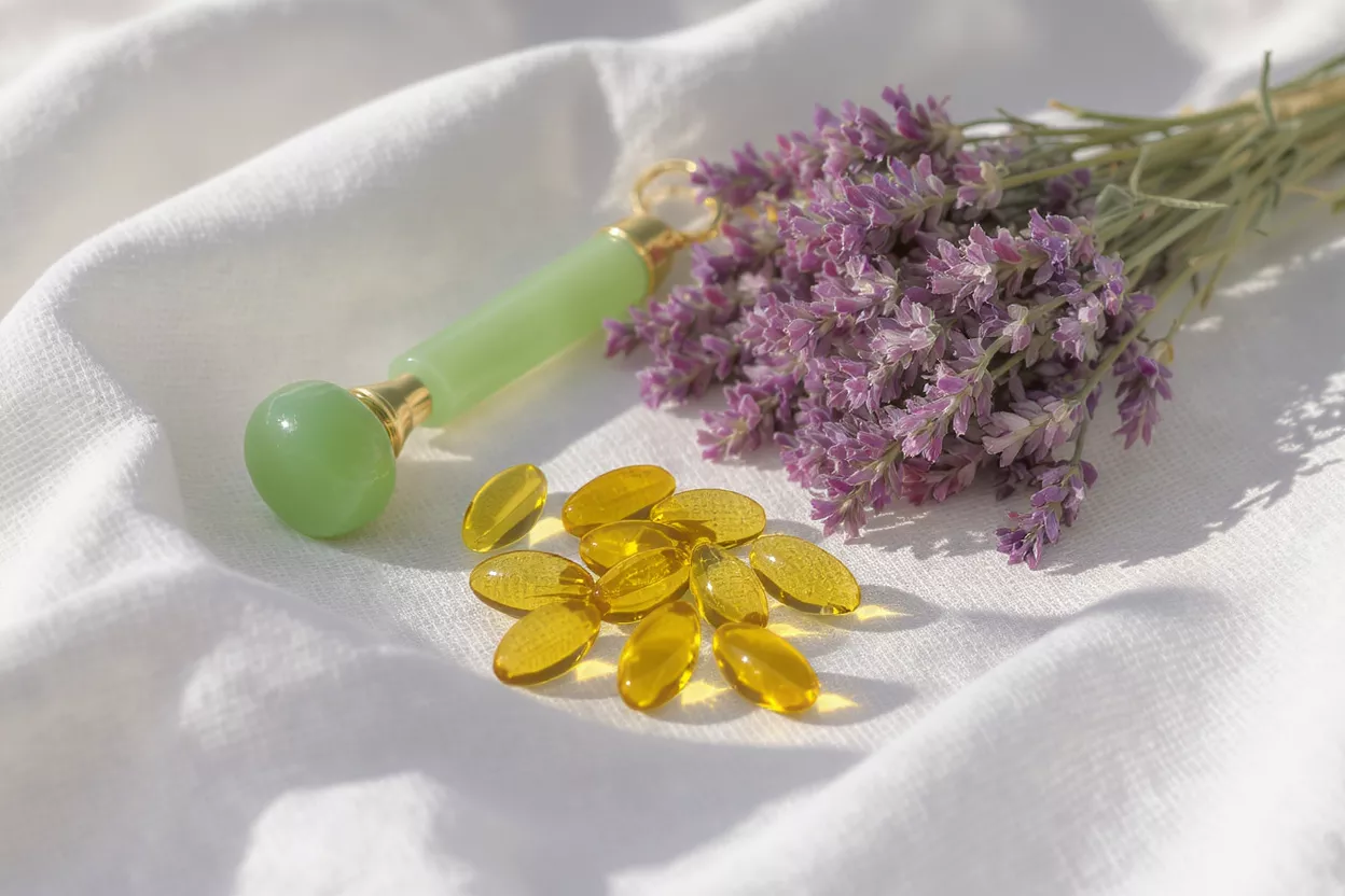 Green jade roller, yellow supplements, and lavender on white fabric.