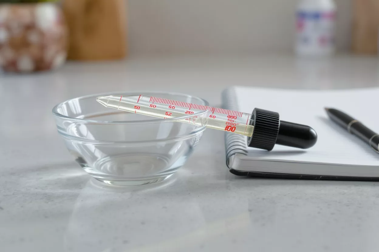 A glass dropper with liquid rests on a small bowl next to a notebook and pen.