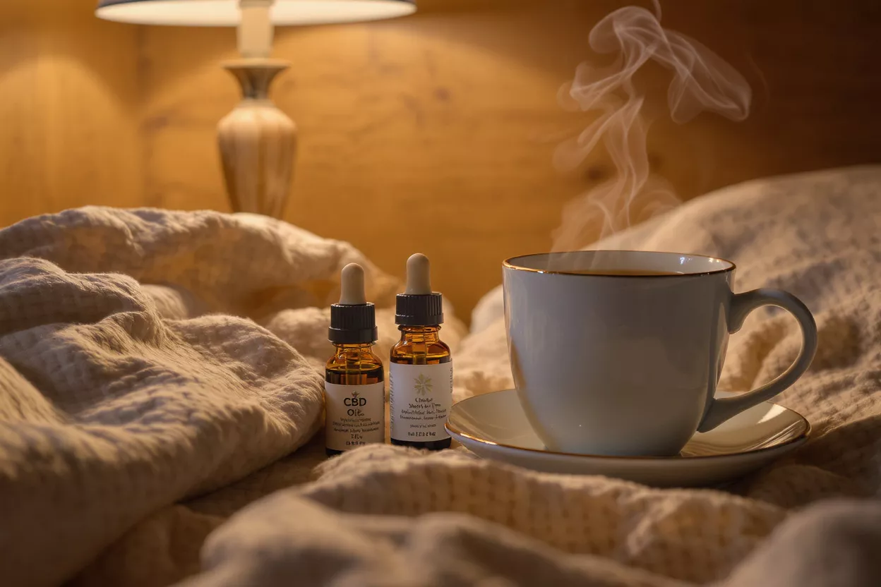 Two CBD oil bottles and a steaming coffee cup on a cozy blanket.