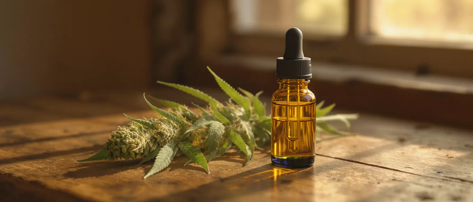 Amber CBD oil dropper bottle next to cannabis flower on a wooden surface.