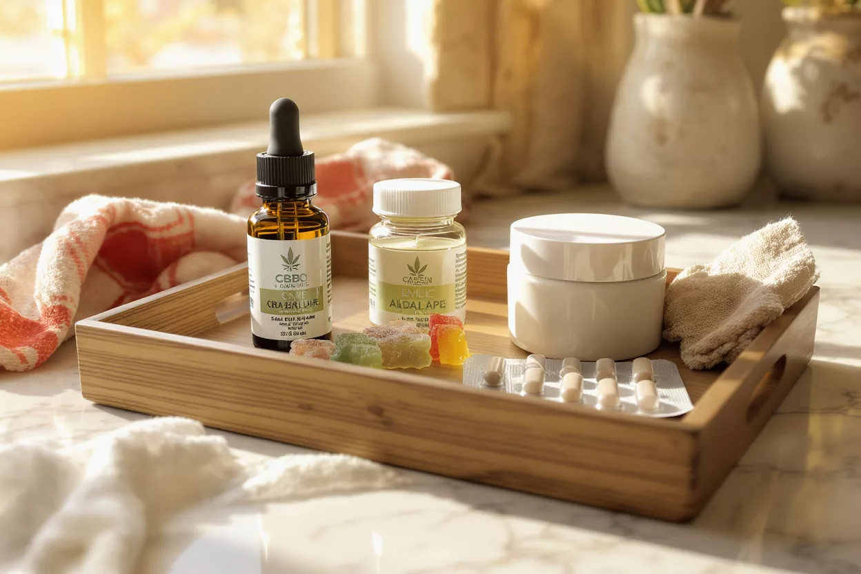 CBD oil, gummies, cream, and capsules on a wooden tray by a sunny window.