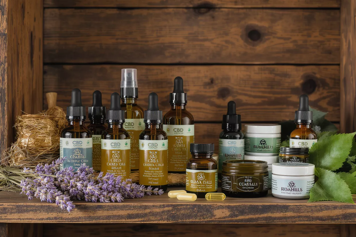 Assortment of CBD products including oils, creams, and capsules on a wooden shelf.