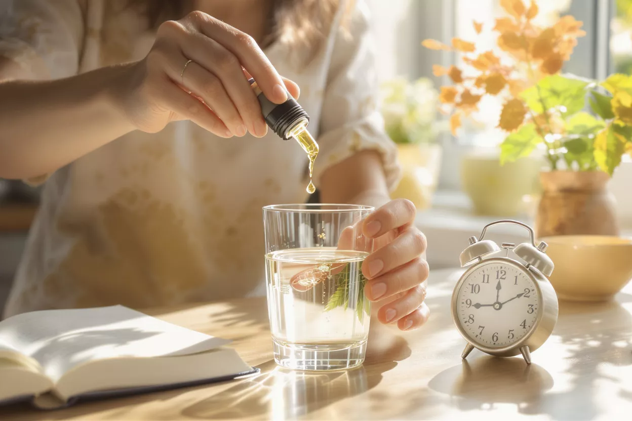 Person adding drops of liquid supplement from a dropper into a glass of water.