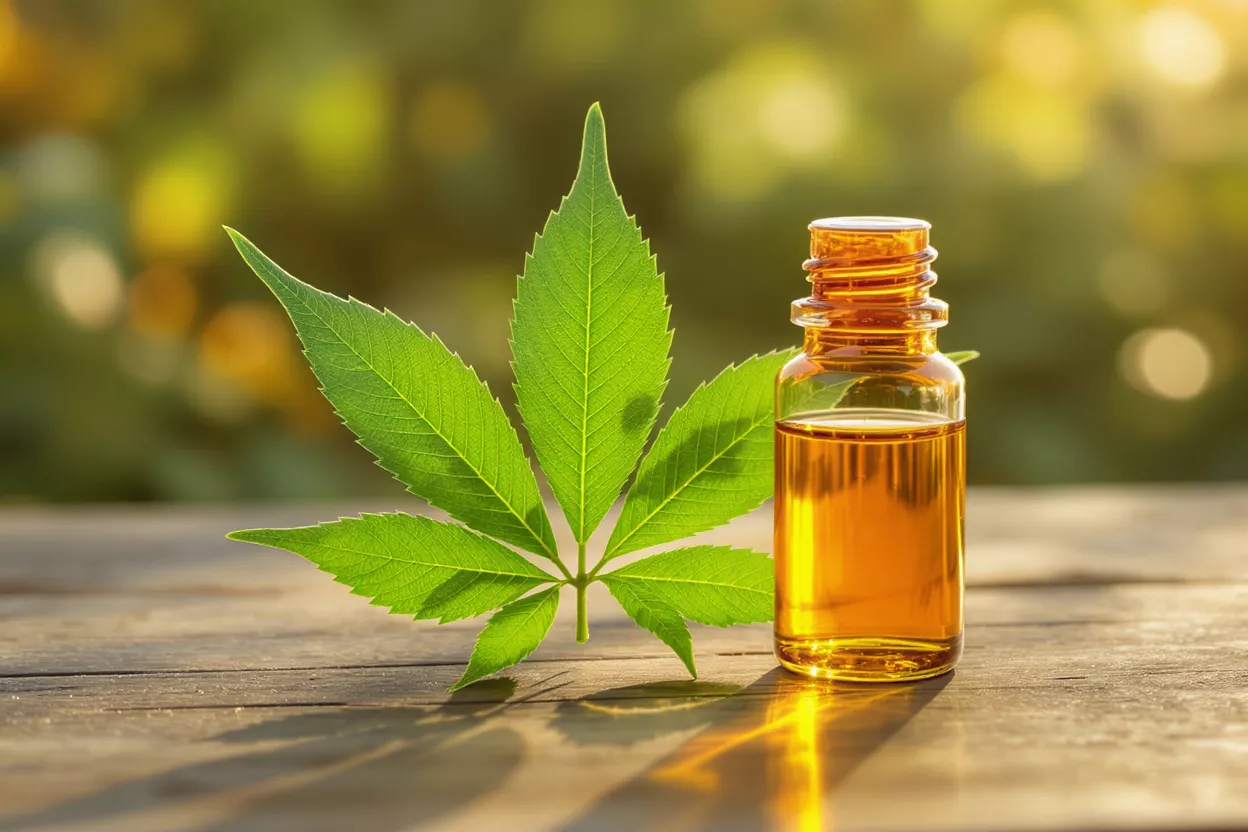 A vibrant green cannabis leaf next to a small amber bottle of cannabis oil.