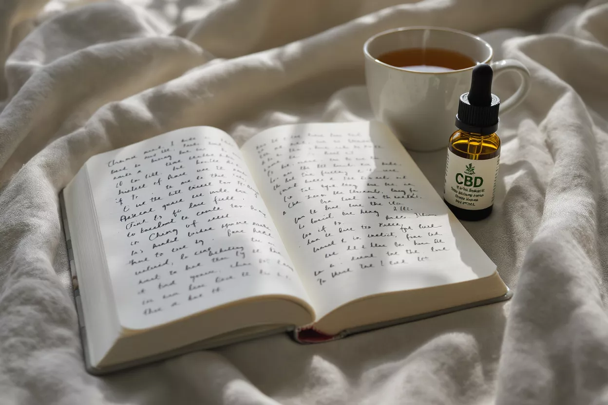 CBD oil, open journal, and tea cup on a white linen bed.