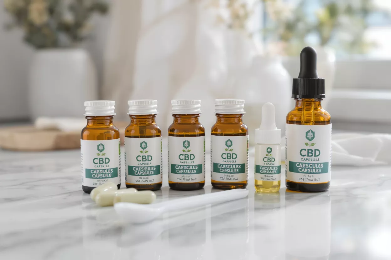 Various amber bottles of CBD capsules and oil on a white marble surface.