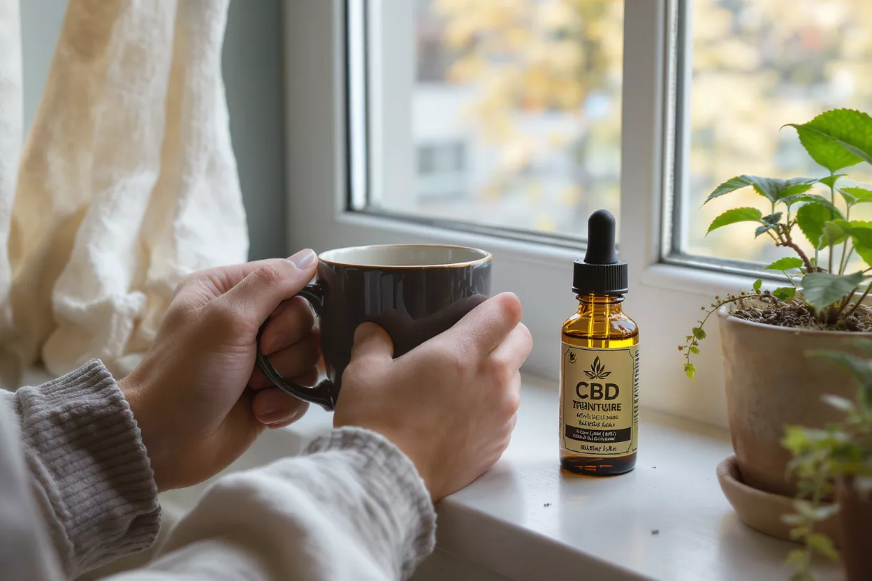 Hands holding coffee mug next to CBD tincture bottle on windowsill.