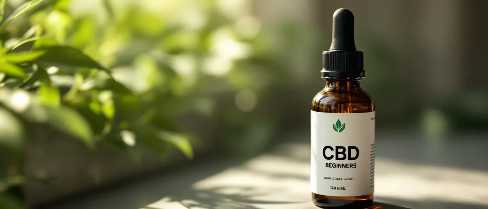 Bottle of CBD oil surrounded by green leaves