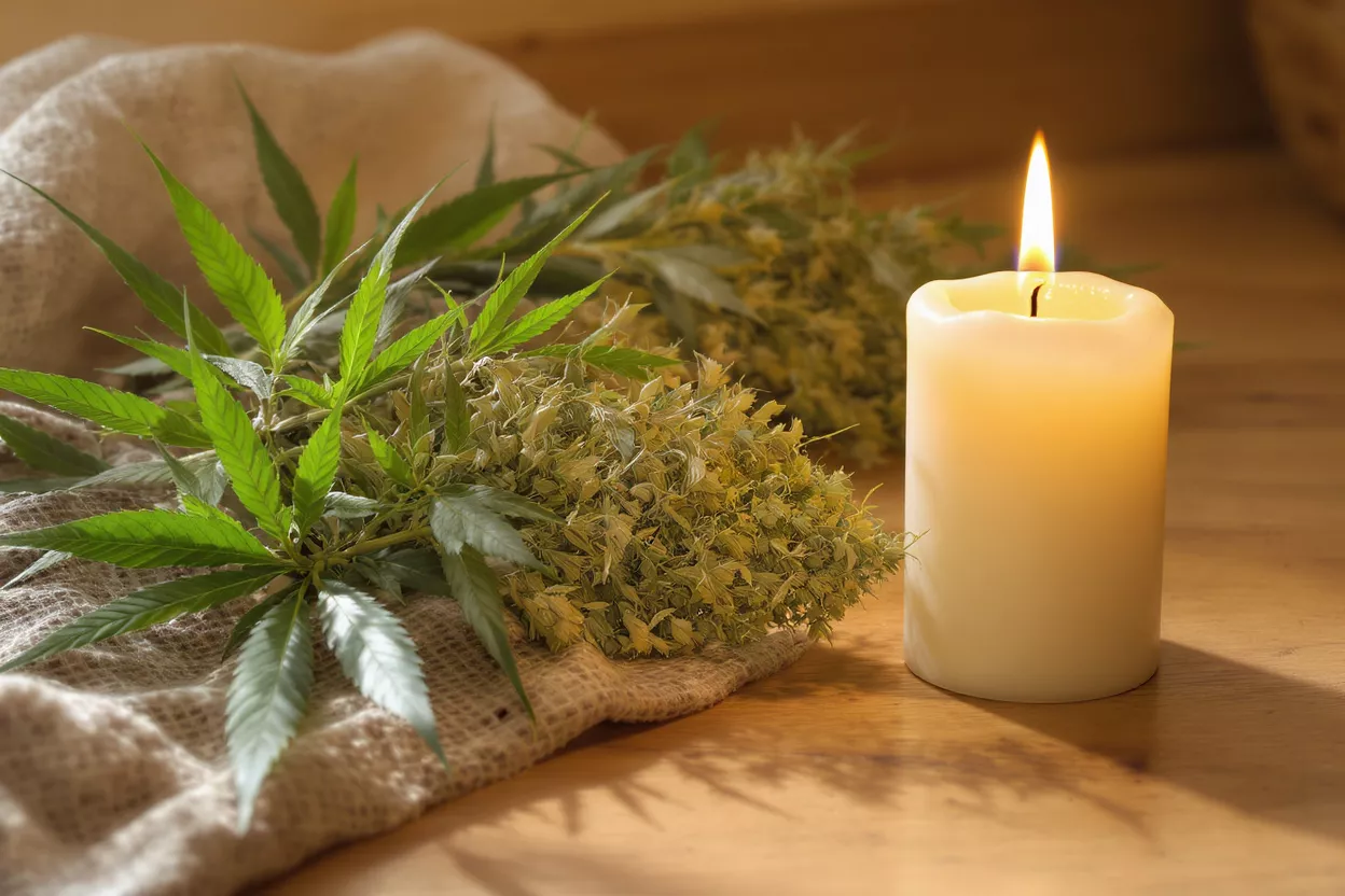 Una vela blanca encendida junto a hojas frescas de cannabis y cáñamo seco sobre arpillera.