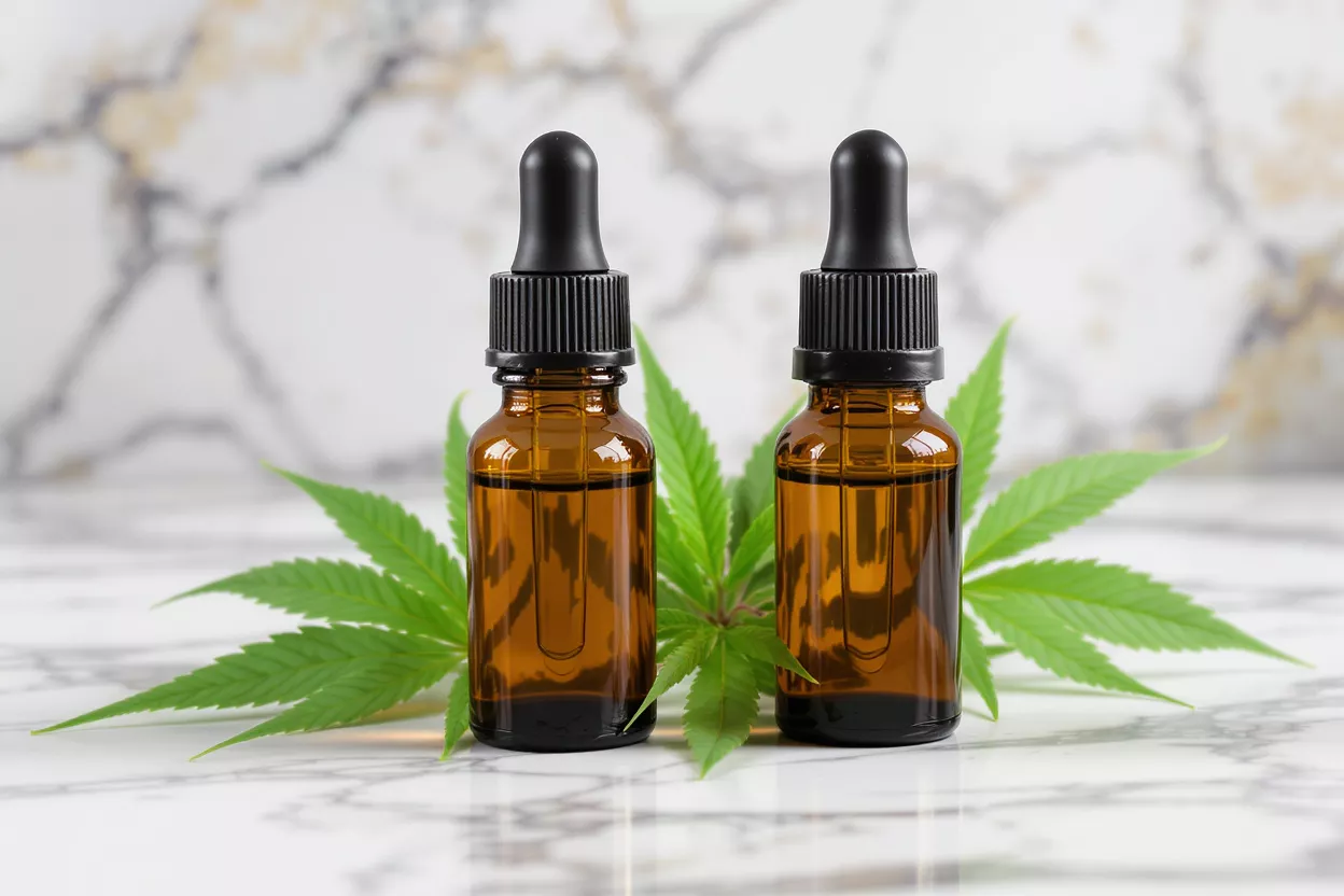 Dos botellas ámbar gotero de aceite de CBD con hojas verdes de cannabis sobre fondo de mármol.