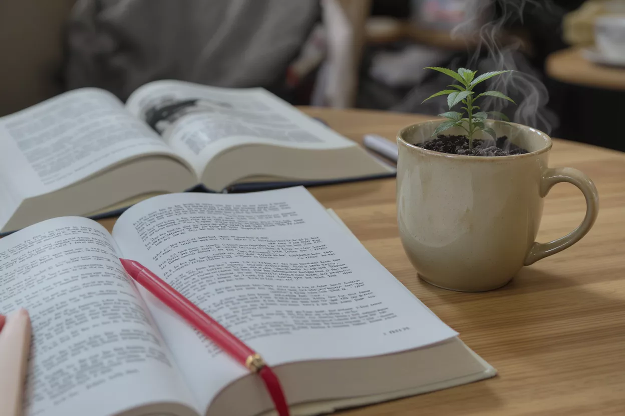 Una pequeña planta en una taza con vapor, libros abiertos y un bolígrafo rojo.