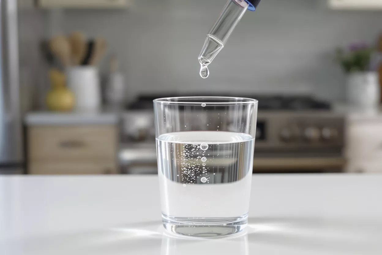 Un gotero añadiendo gotas de líquido en un vaso de agua sobre una encimera de cocina.