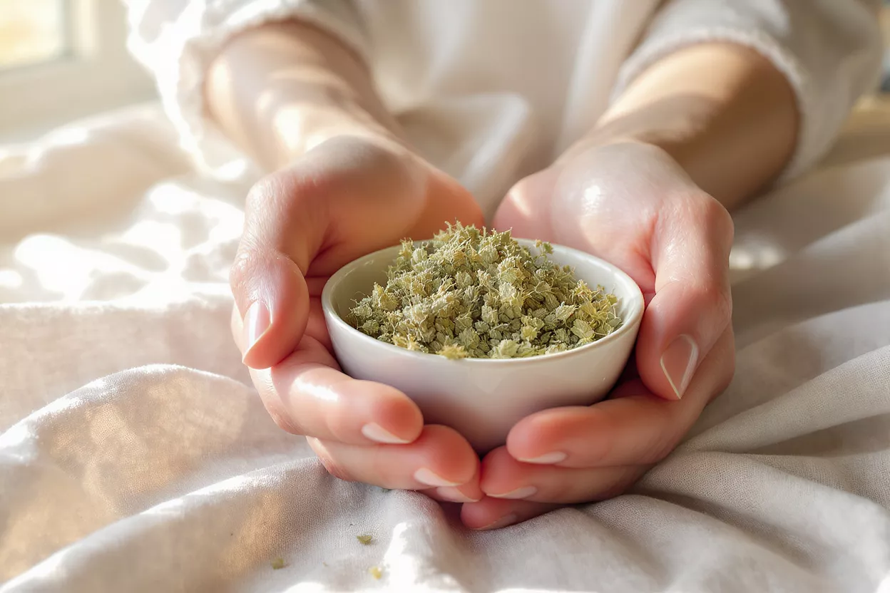 Close-up of hands holding a small white bowl filled with dried green herbs.