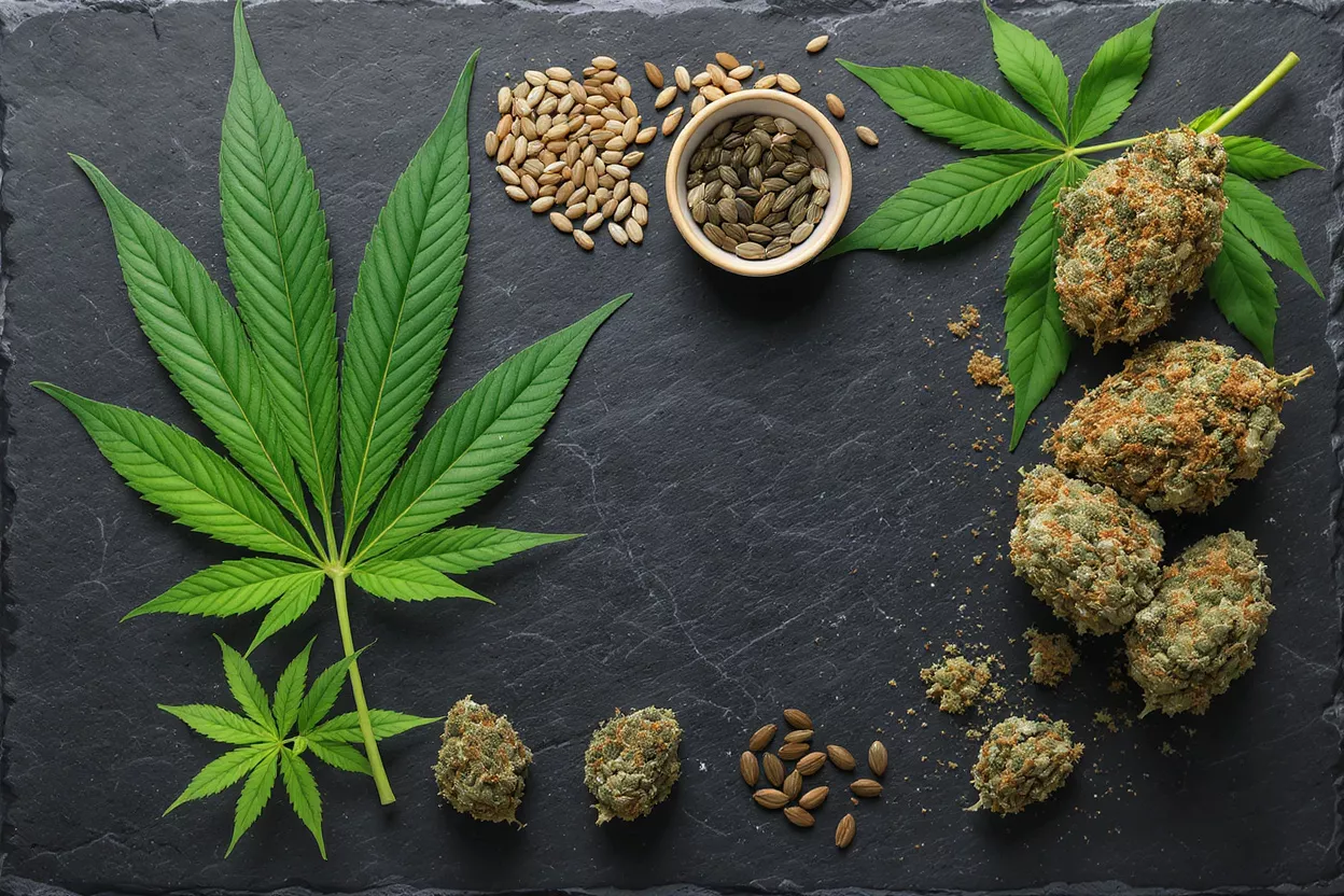 Cannabis leaves, buds, and seeds arranged on a dark slate background.