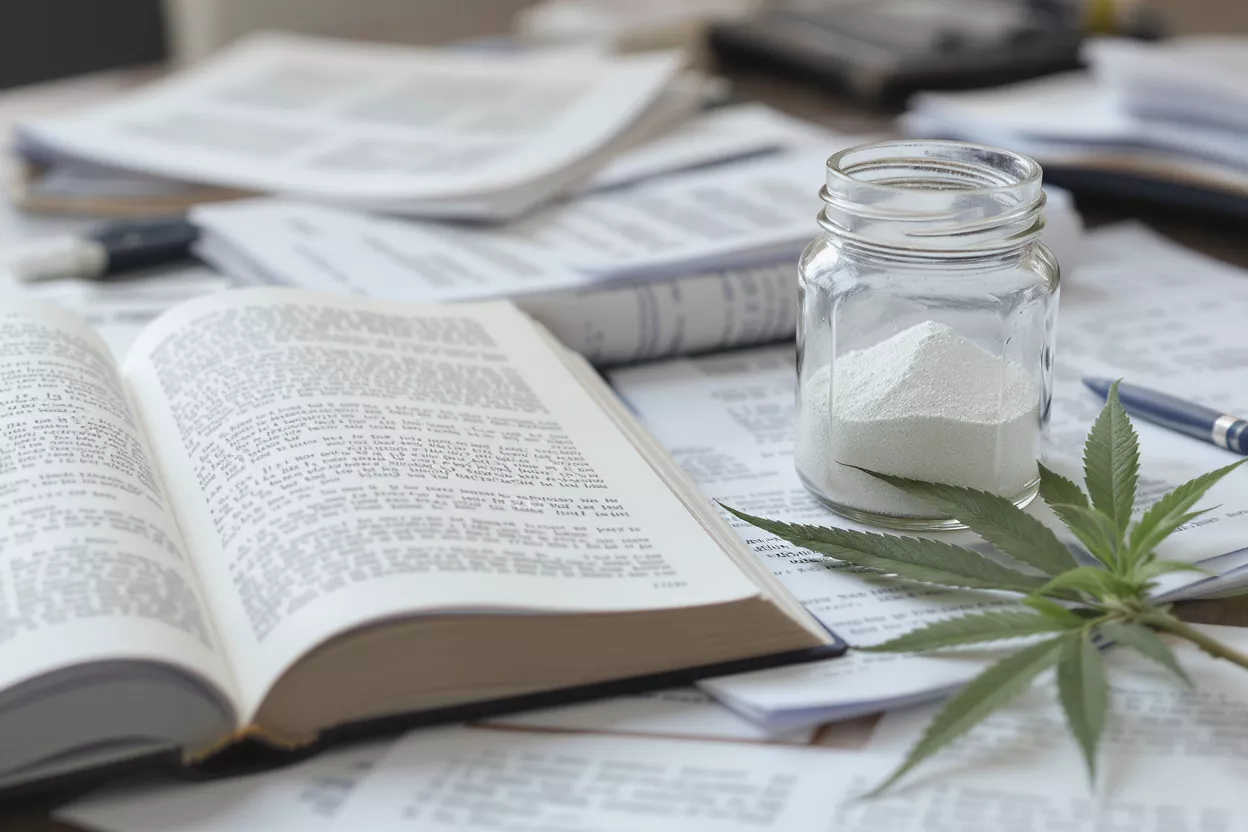 Matériaux de recherche et cannabis Livre ouvert, bocal de poudre blanche et feuilles de cannabis