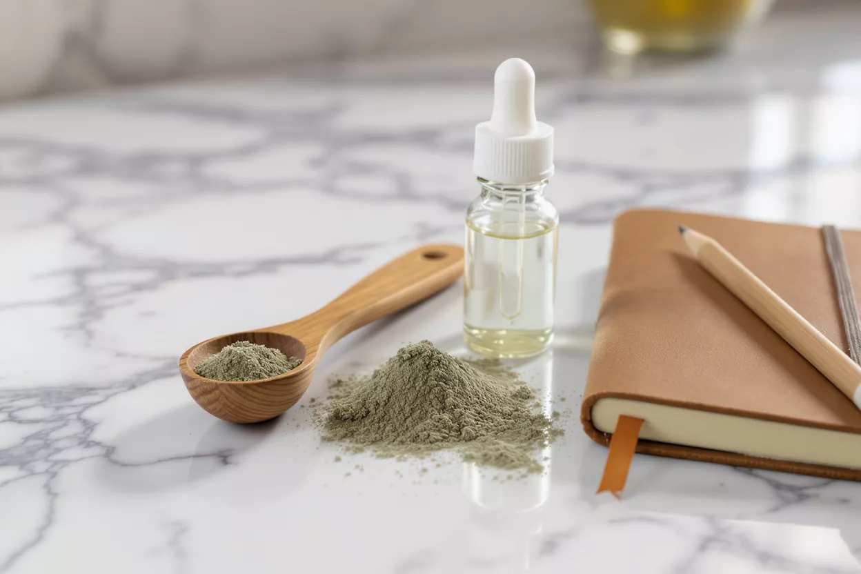 Ingrédients naturels pour la peau Bouteilles d'huile et poudre d'argile sur une surface en marbre