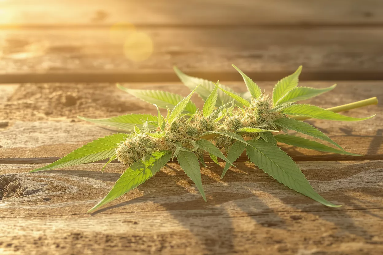 Capullos y hojas de cannabis frescos sobre una mesa de madera rústica con luz solar cálida.