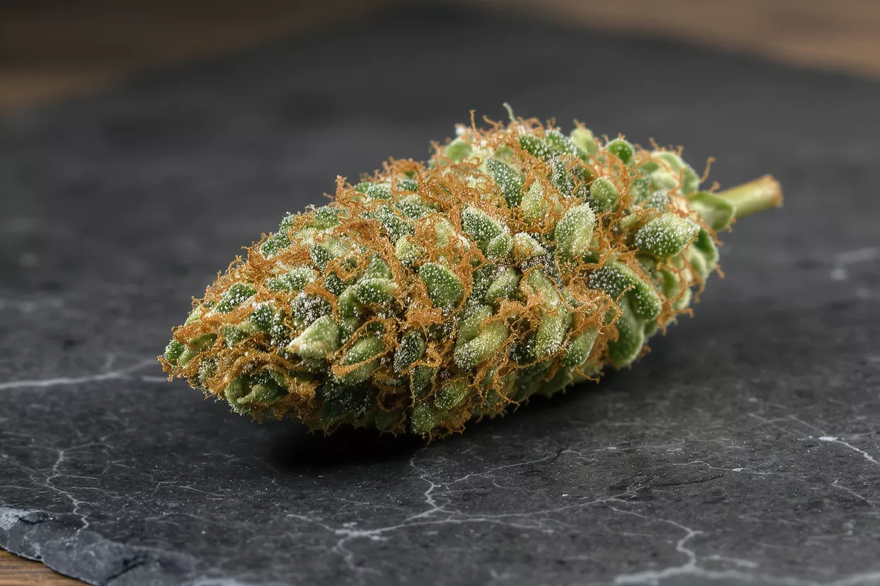Primer plano de un cogollo de cannabis de verde vibrante con pelos naranjas sobre una pizarra oscura.