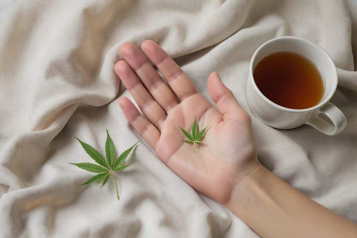 Una mano sosteniendo una pequeña hoja de cannabis, con otra hoja y una taza de té cerca.