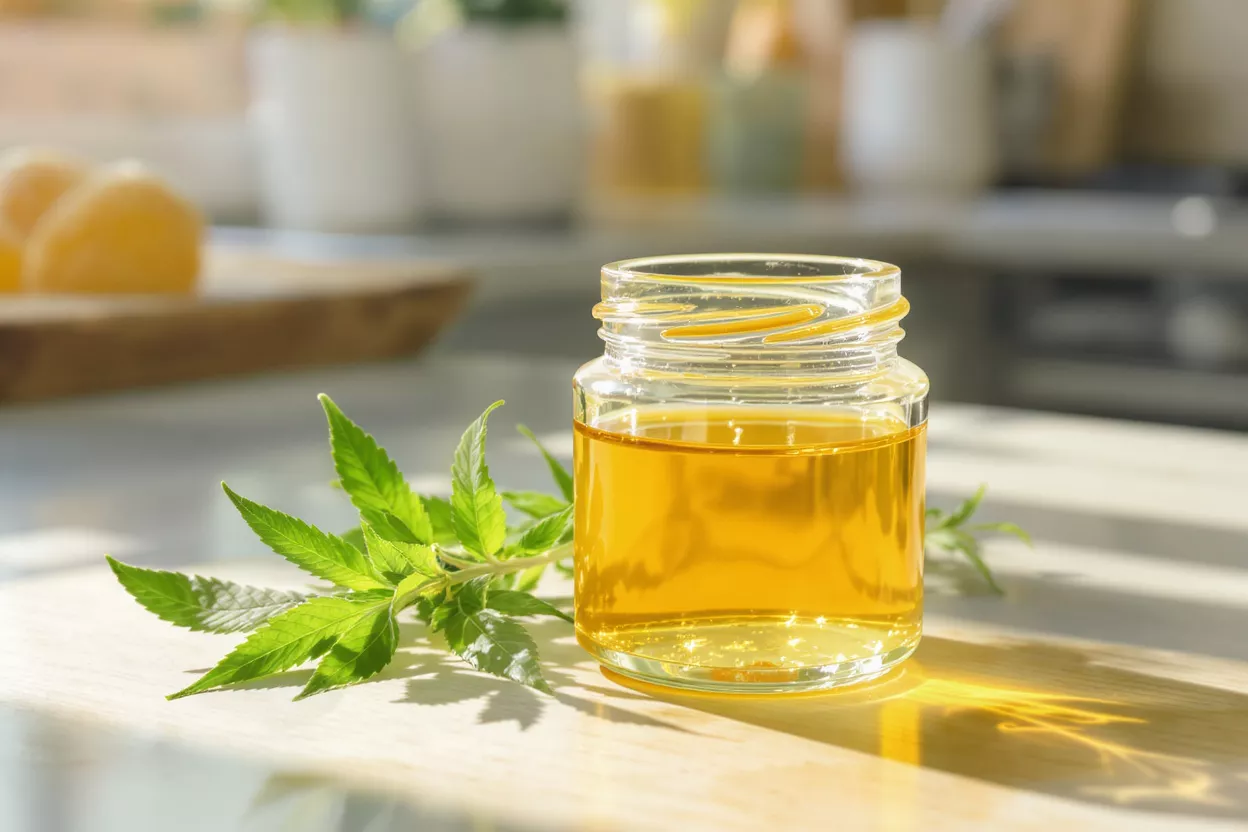 Un frasco transparente de aceite de CBD dorado con hojas frescas de cáñamo verde a su lado.