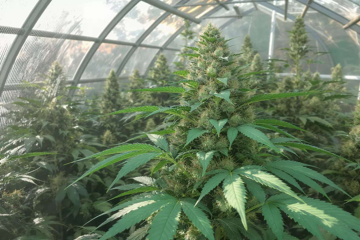 Close-up of a cannabis plant with large buds growing in a greenhouse.