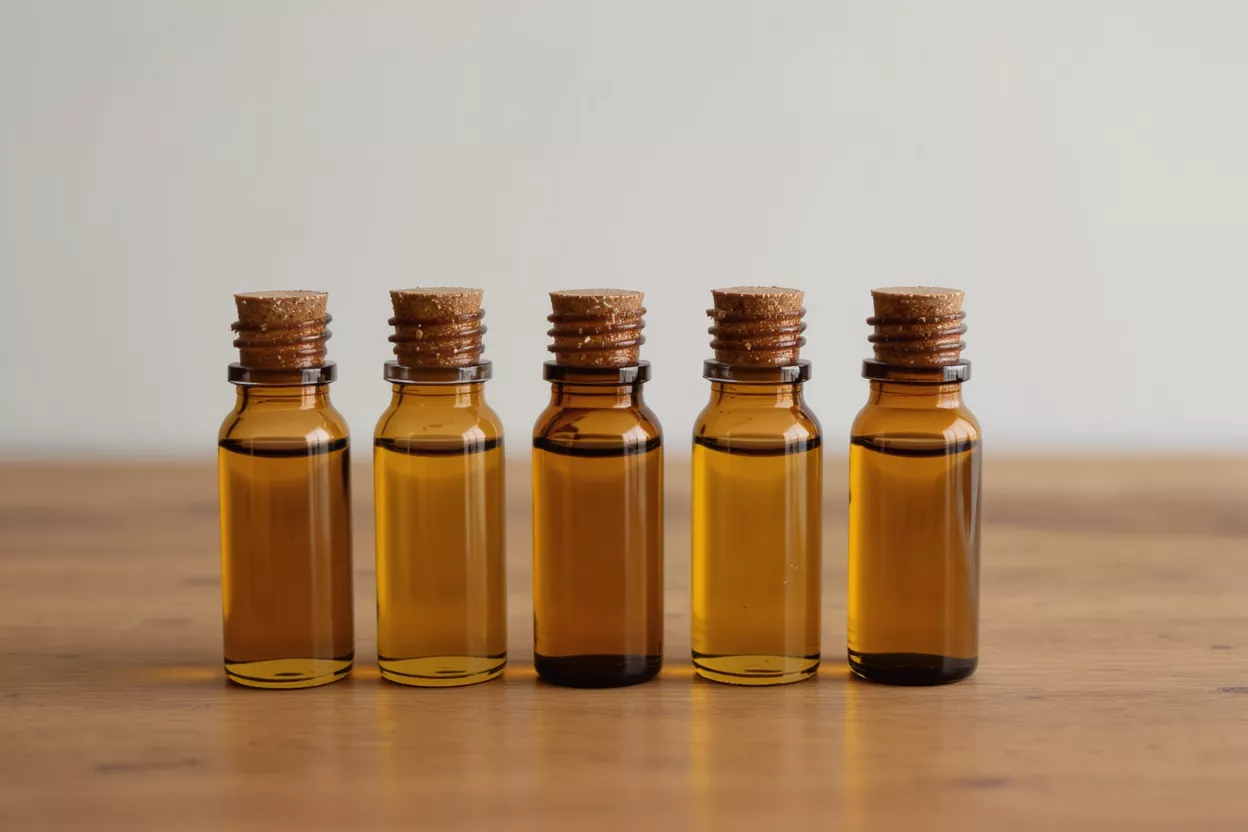 Five small amber glass bottles with cork stoppers on a wooden surface.