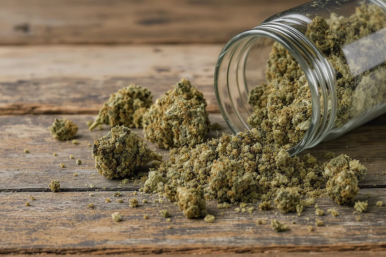 Cannabis buds and ground material spilled from a glass jar on a rustic wooden table.
