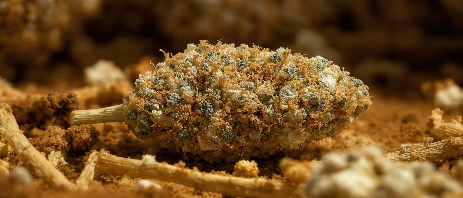 Close-up of a cannabis bud covered in white, green, and orange trichomes.