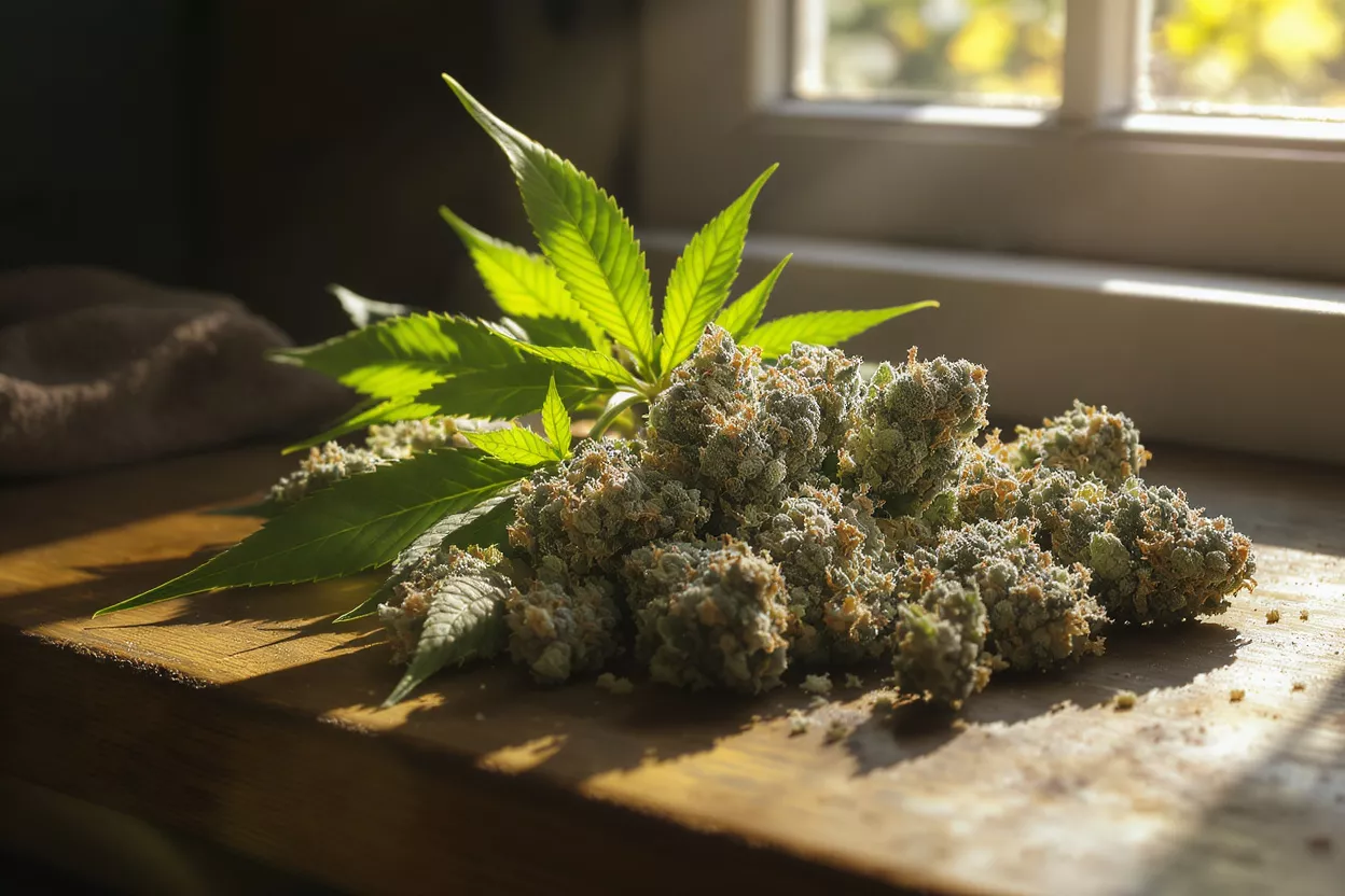 Close-up of cannabis buds and a bright green leaf on a wooden surface.