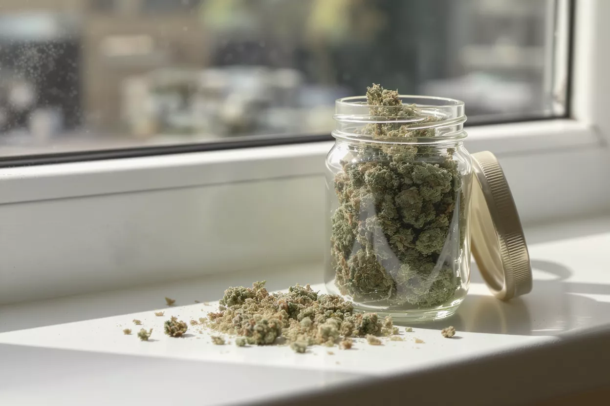 Close-up of cannabis buds in a glass jar on a white window sill.