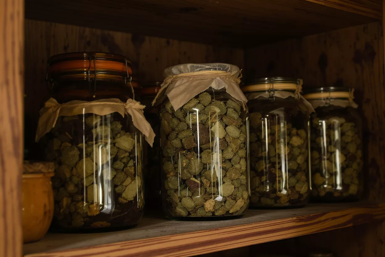 Several glass jars filled with dried green herbs on a wooden shelf.