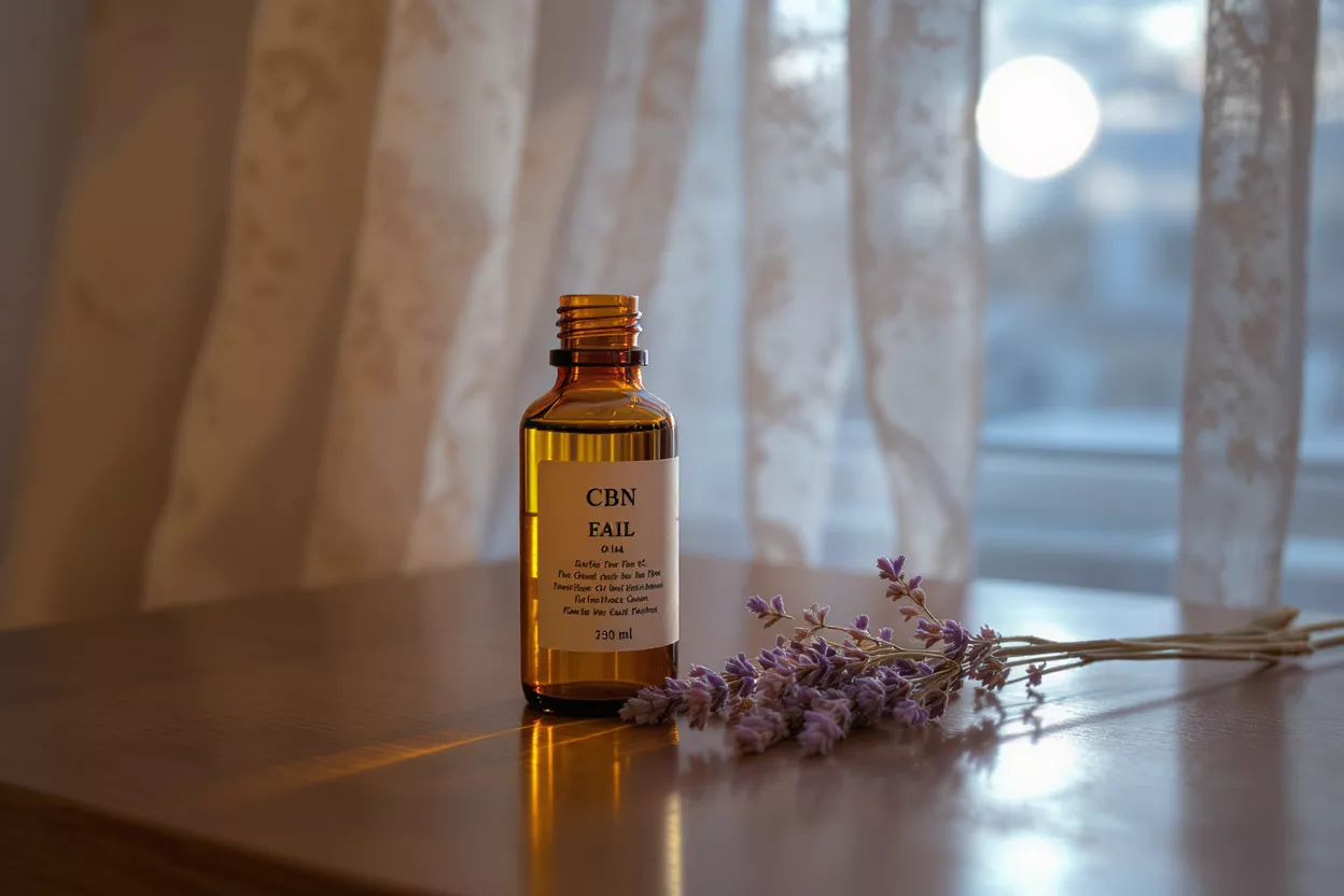 Amber bottle of CBN oil with lavender sprigs on a table by a window.