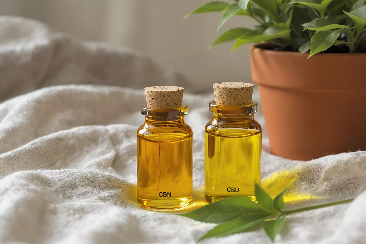 Two amber bottles of CBN and CBD oil with cork stoppers on a white cloth.