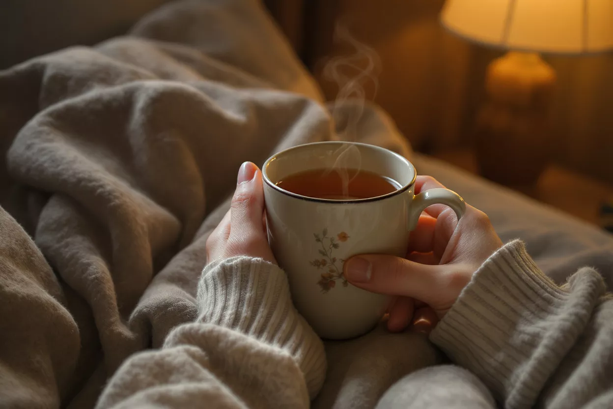 Hands holding a steaming mug of tea, surrounded by a soft blanket.