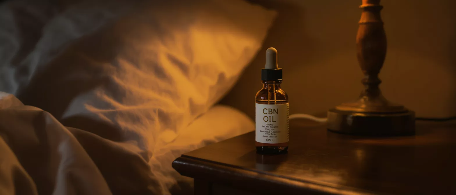 CBN Oil for Restful Sleep A bottle of CBN oil on a bedside table next to a bed.