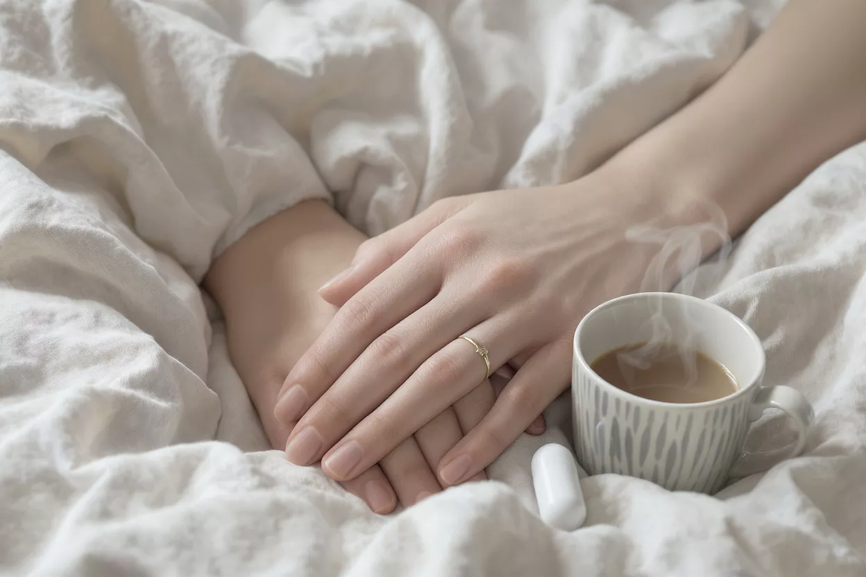 Un café cosy au lit le matin Mains, tasse de café fumante et capsule blanche sur une literie blanche douce.