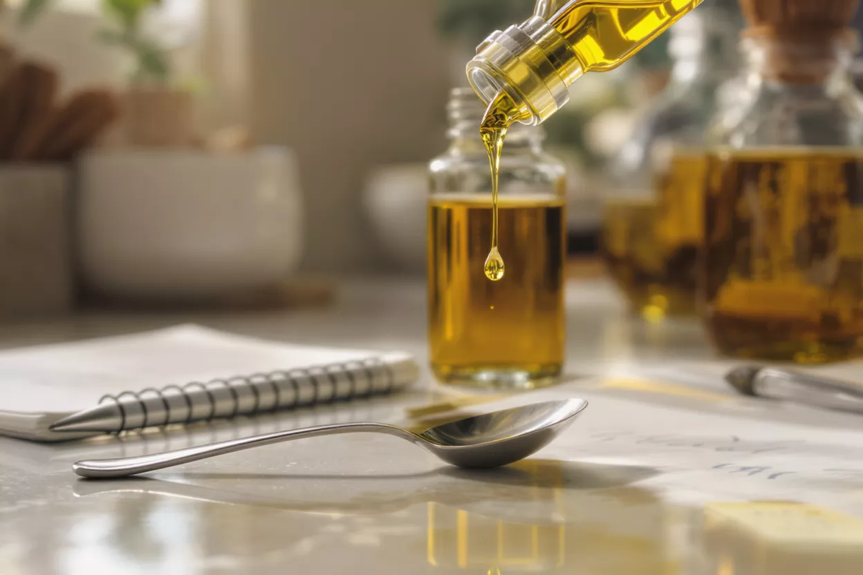 Verser de l'huile dans une bouteille Huile dorée versée d'une bouteille dans une autre, avec une cuillère sur une surface en marbre.