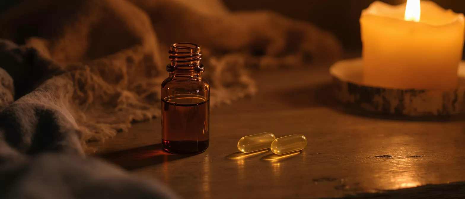 Amber Bottle, Oil, and Capsules Amber bottle, two oil capsules, and a lit candle on a rustic wooden surface.