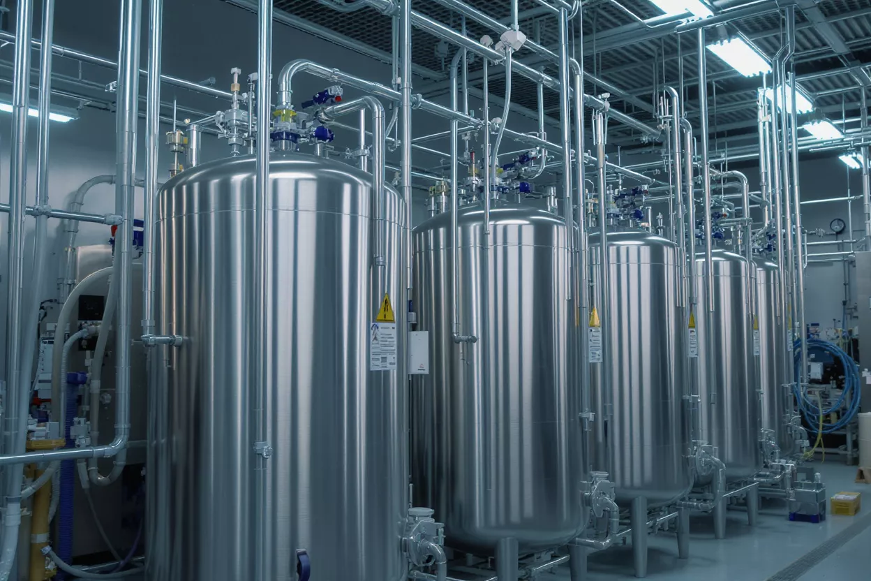 Industrial Stainless Steel Tanks Row of large stainless steel industrial tanks connected by intricate piping in a clean room.