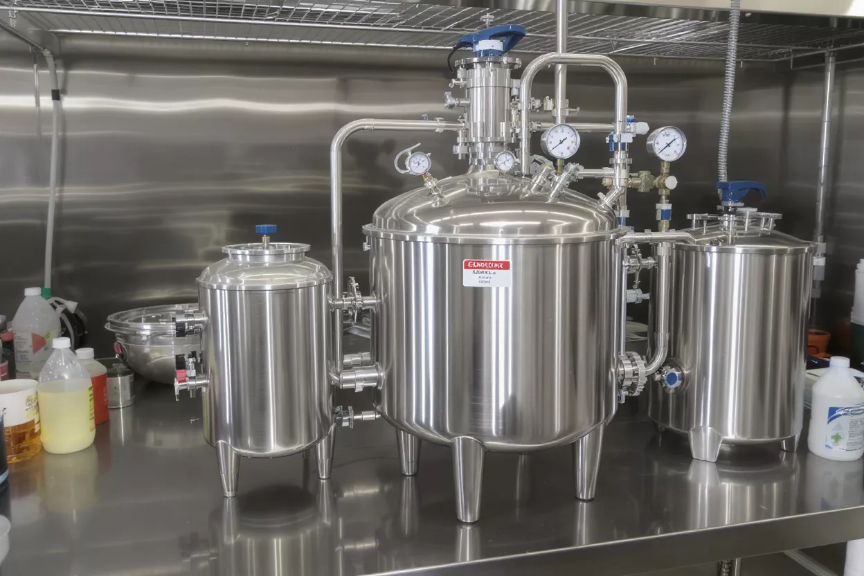Stainless Steel Bioreactor System Three stainless steel bioreactors with pipes, gauges, and valves in a lab.