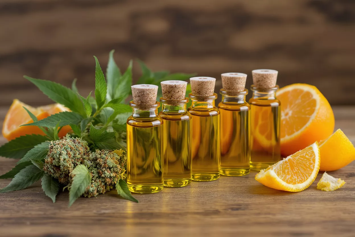 CBD Oil with Orange and Hemp Four small bottles of CBD oil with oranges, hemp leaves, and buds.