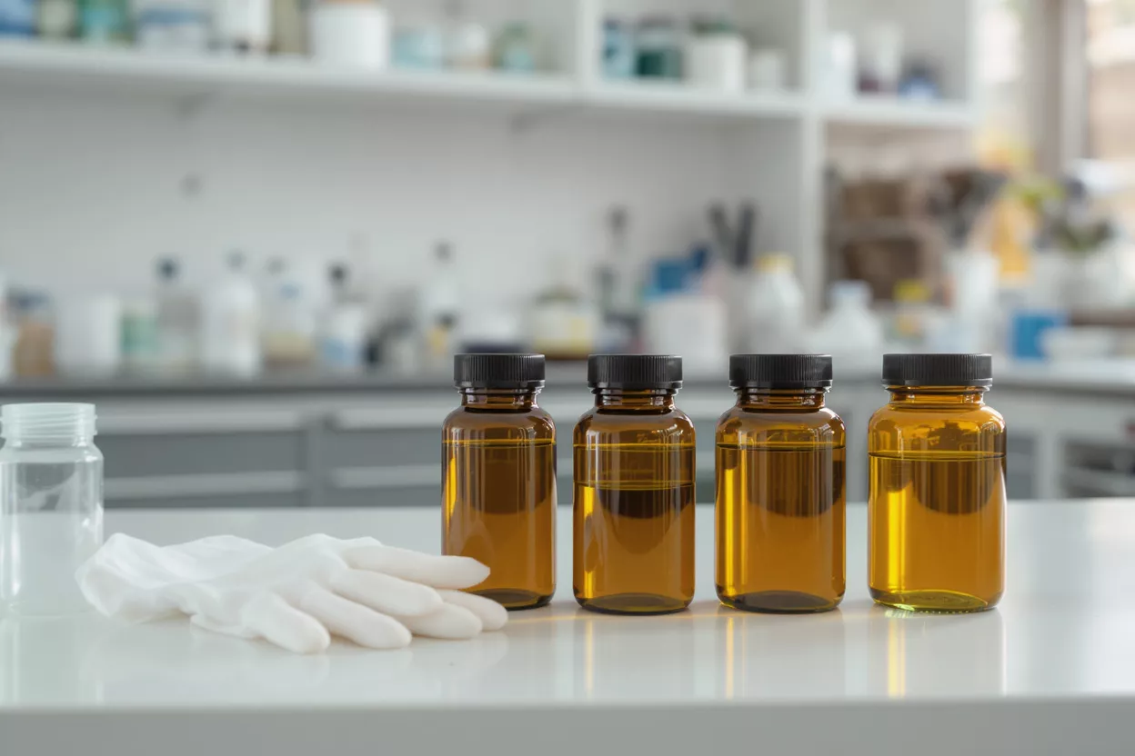 Lab Bottles and Gloves Four amber bottles with liquid, clear bottle, and white gloves in a lab.