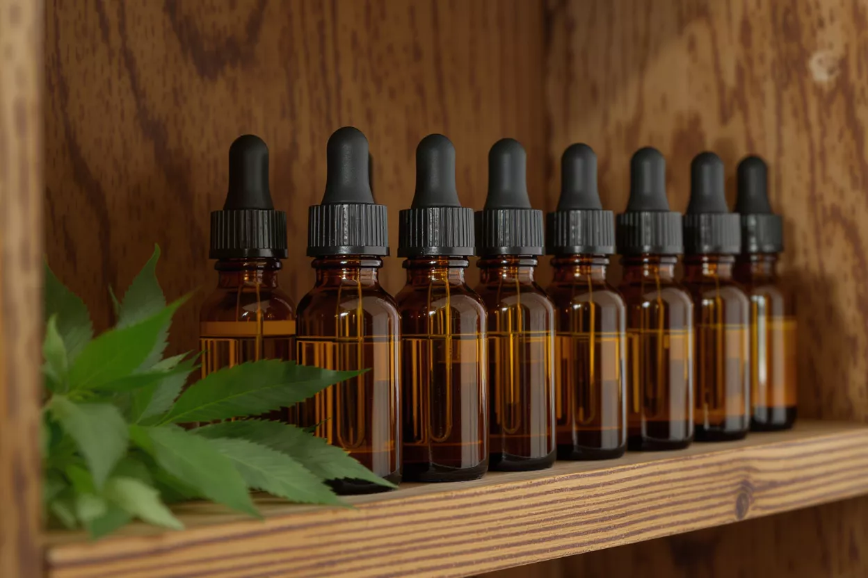 Amber dropper bottles of CBD oil with hemp leaves on a wooden shelf.