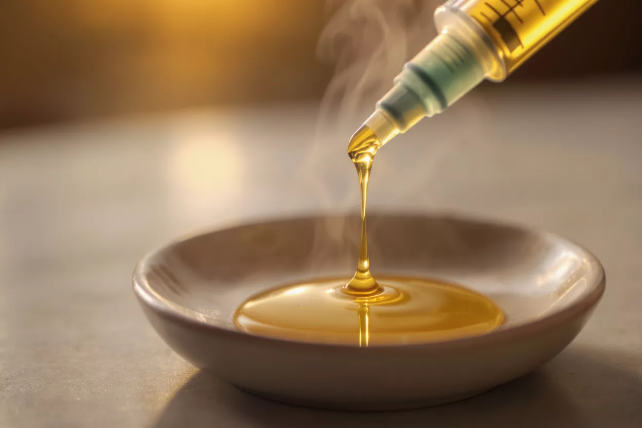 Golden oil drips from a syringe into a small, steaming bowl.